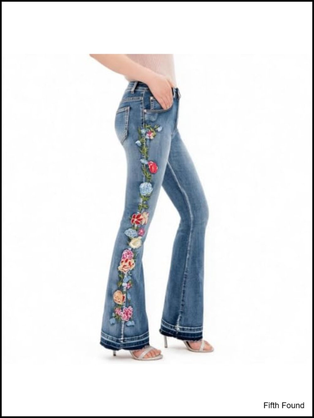 High Waisted Floral Embroidered Flare Jeans Raw Hem Boho Denim